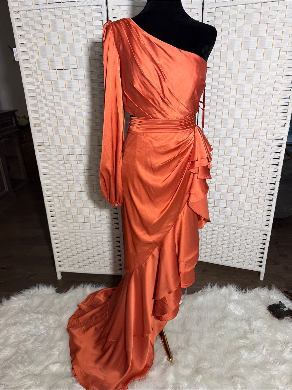 Mac Duggal One-Shoulder Orange Satin Ruffle Gown